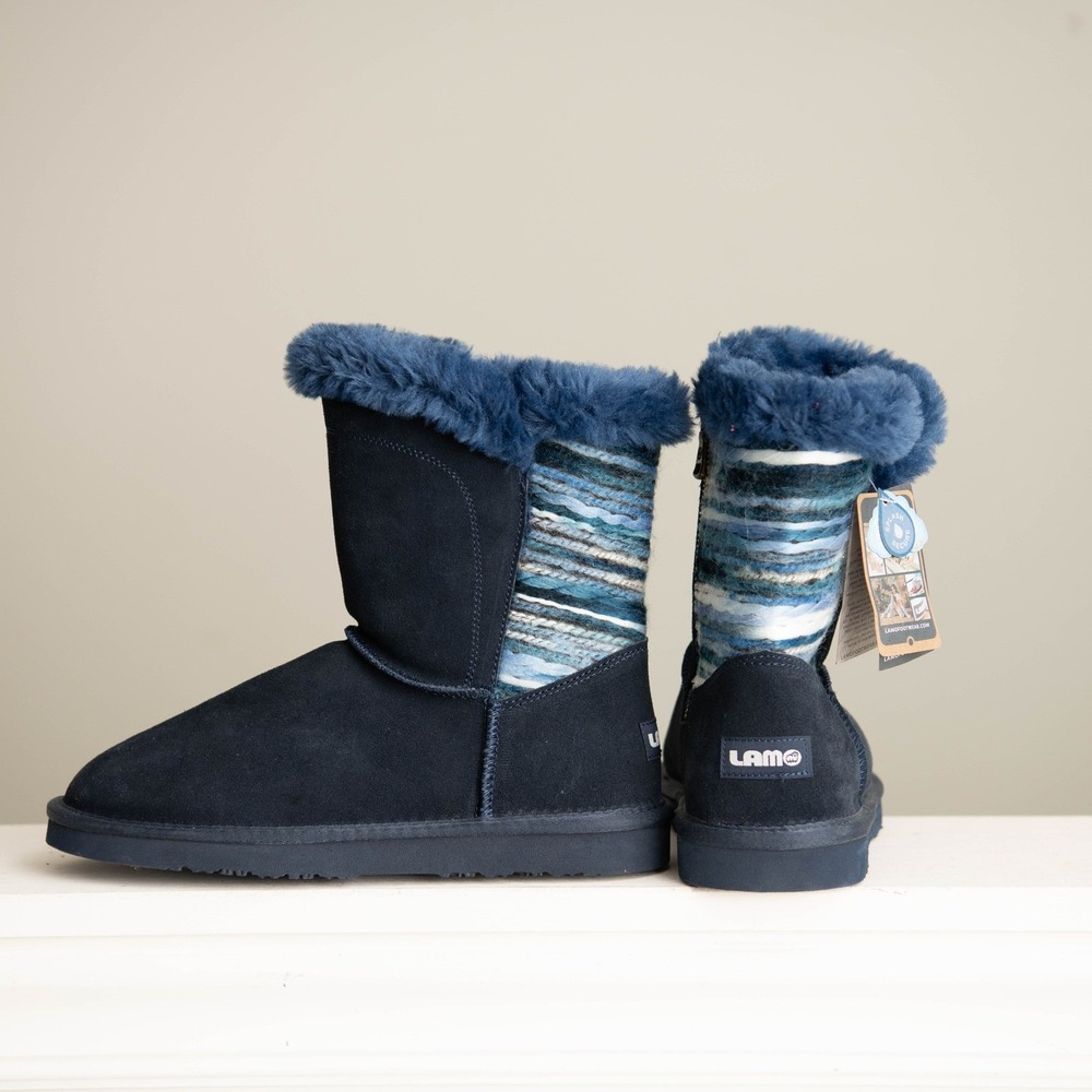 LAMO Winter Boots NEW Navy Suede Soft Fluffy Faux Fur Yarn Stitched Yarn Accents